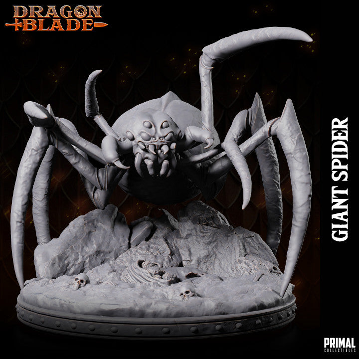 Giant spider miniature with an aggressive stance, poised on a detailed rocky base adorned with skulls, ready for dark fantasy settings.