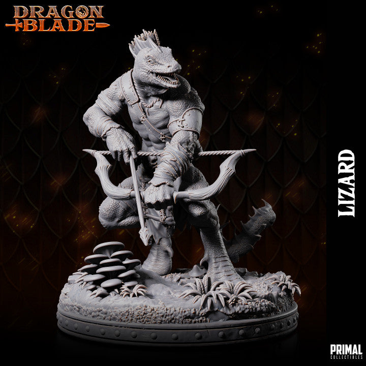 Detailed 3D model of a Lizardmen Archer, standing in a jungle environment with a bow drawn, wearing leather armor and a quiver of arrows on its back. The textured scales and warrior stance make it ideal for tabletop RPG settings like Dungeons & Dragons.