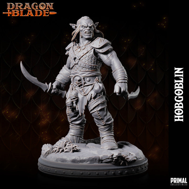 Hobgoblin warrior miniature with dual daggers and rugged armor, standing in an aggressive stance, ideal for fantasy TTRPGs like Dungeons & Dragons.