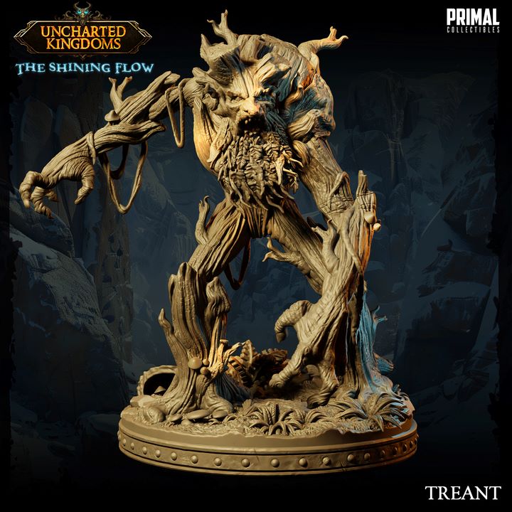 Front view of a Treant miniature, displaying its twisted bark and root-like limbs, set on a detailed forest base.