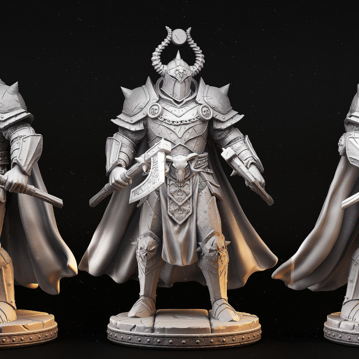 A 3D-printed miniature of Hadeon, the Dark Knight, depicted in full plate armor, holding dual axes, ideal for use in D&D, Pathfinder, or other dark fantasy tabletop RPGs.