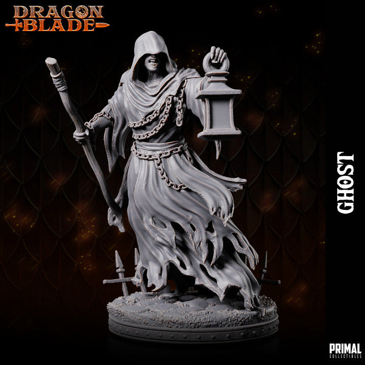 A ghostly figure holding a lantern in one hand and a staff in the other, draped in tattered robes, from Primal Collectibles.