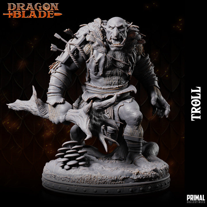 Troll carrying a tree as a club, with rugged armor and a fearsome stance, standing on a detailed base with mushrooms and jagged terrain, perfect for dark fantasy settings.