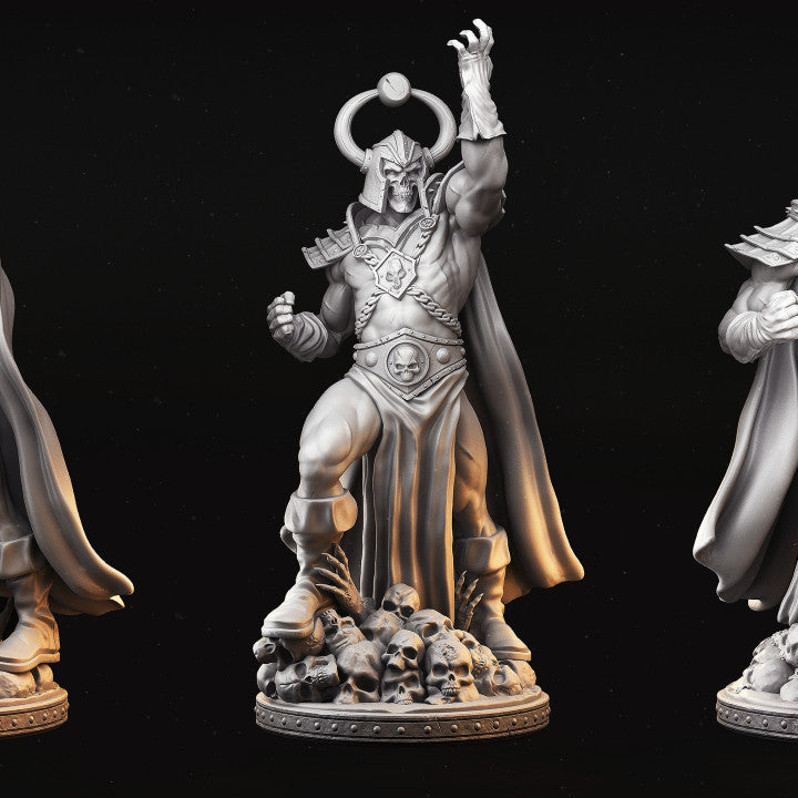 Dostrath, Dark Sorcerer model with a horned helmet, raised hand casting a spell, and a base covered in skulls.