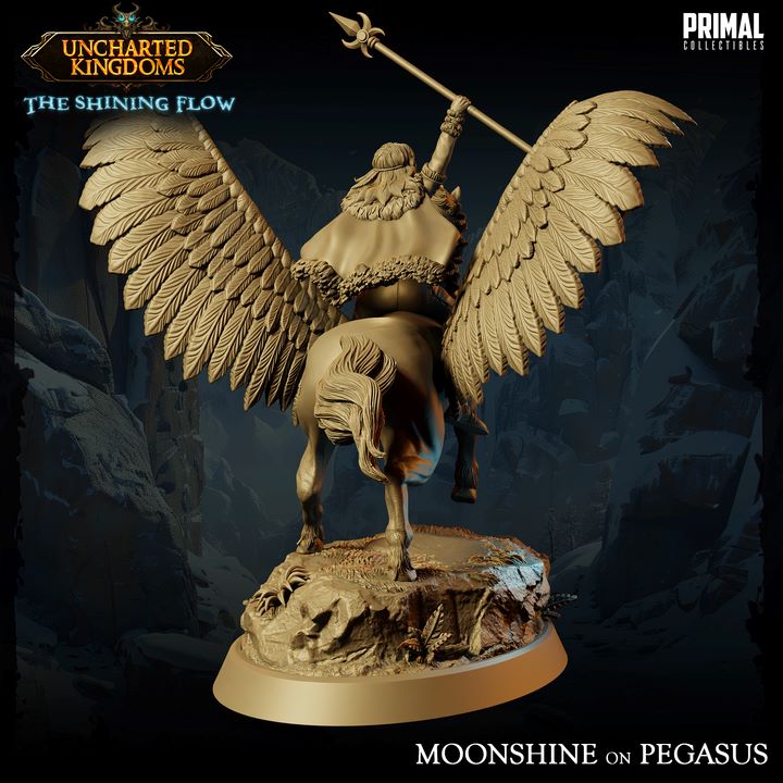 Back view of Moonshine on Pegasus miniature, showcasing detailed wing and tail feathers.