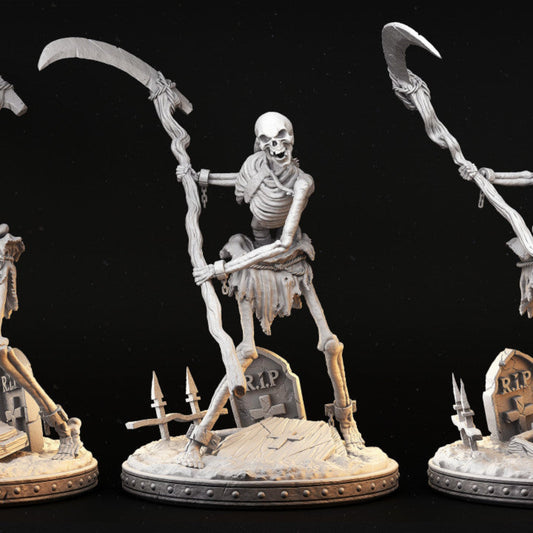 Skeleton warrior holding a scythe on a gravestone base for tabletop RPGs.