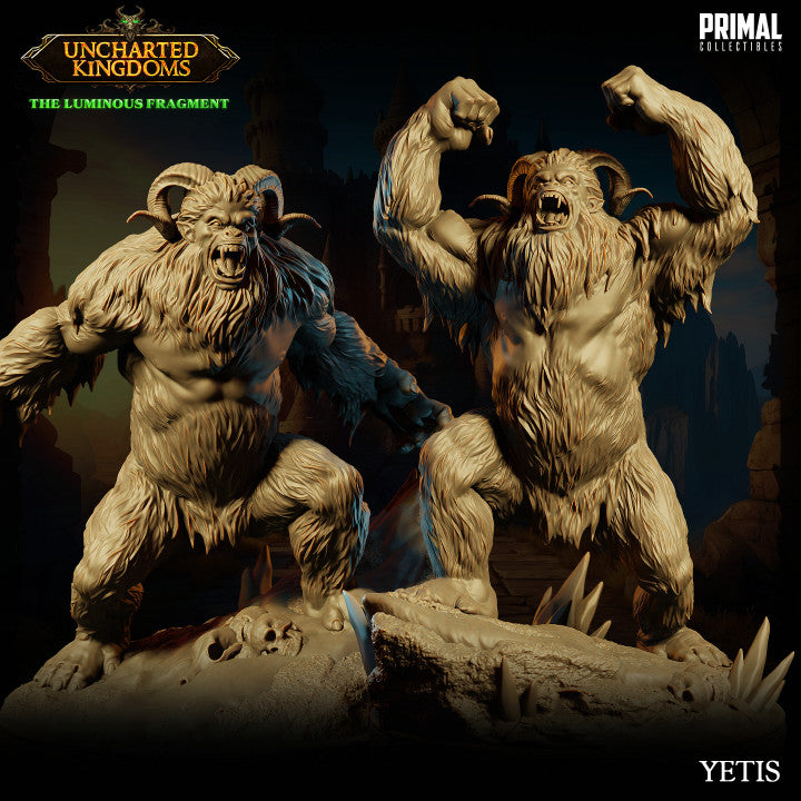 A pair of Yetis, one roaring and the other poised to strike, surrounded by rocks and bones.