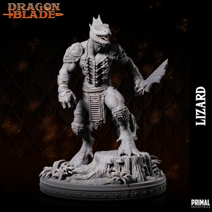 Lizardmen Warrior miniature for tabletop RPGs, posed with a jagged blade, muscular build, and detailed scales, wearing tribal armor, standing on a rocky, foliage-covered base.