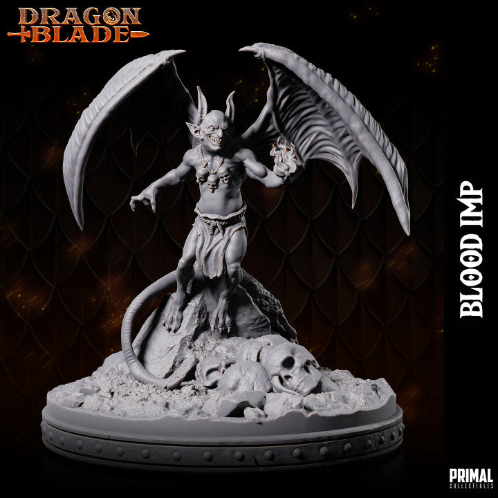 Blood Imp miniature with a threatening stance, wings spread wide, standing atop a rock surrounded by skulls and rocks.