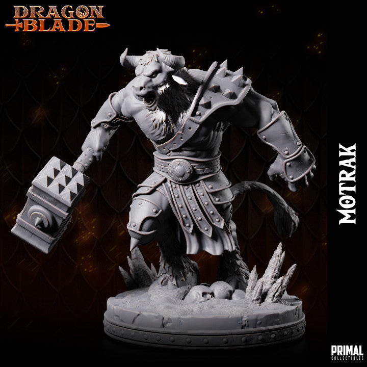 Motrak Minotaur wields a massive spiked hammer, poised for an attack, clad in heavy armor and brimming with rage.