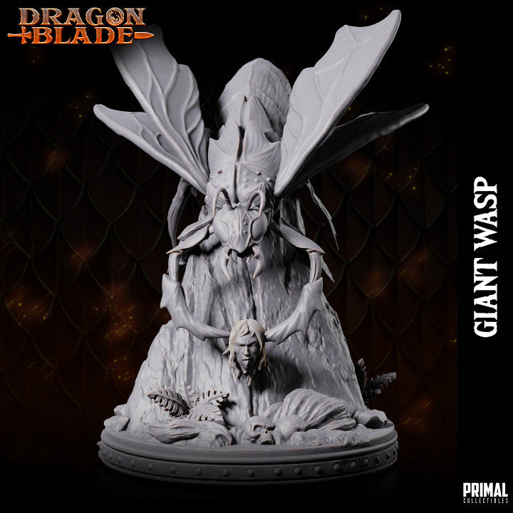 Giant Wasp miniature, looming over a mound of bones and a fallen warrior, wings outstretched