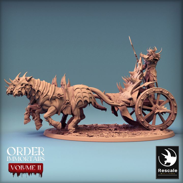 Side view of the Immortalis Chariots miniature showing the warrior's pose and the beasts.