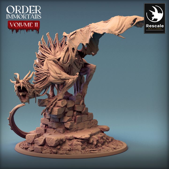 Side view of Immortalis Dragon Guard dracolich with exposed skeletal frame and tattered wings, ideal for dark fantasy tabletop games.