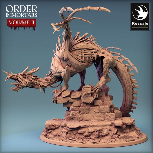 Immortalis Dragon Guard dracolich miniature perched on a ruined stone wall, showcasing skeletal wings and sharp claws, suitable for fantasy RPGs.