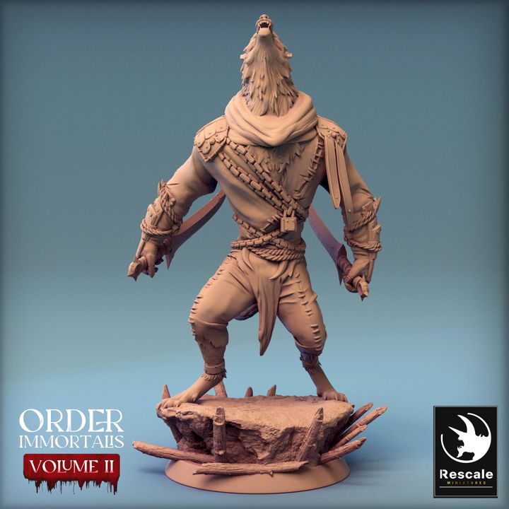 Werewolf miniature with head arched back, howling into the sky, posed atop a rocky base.