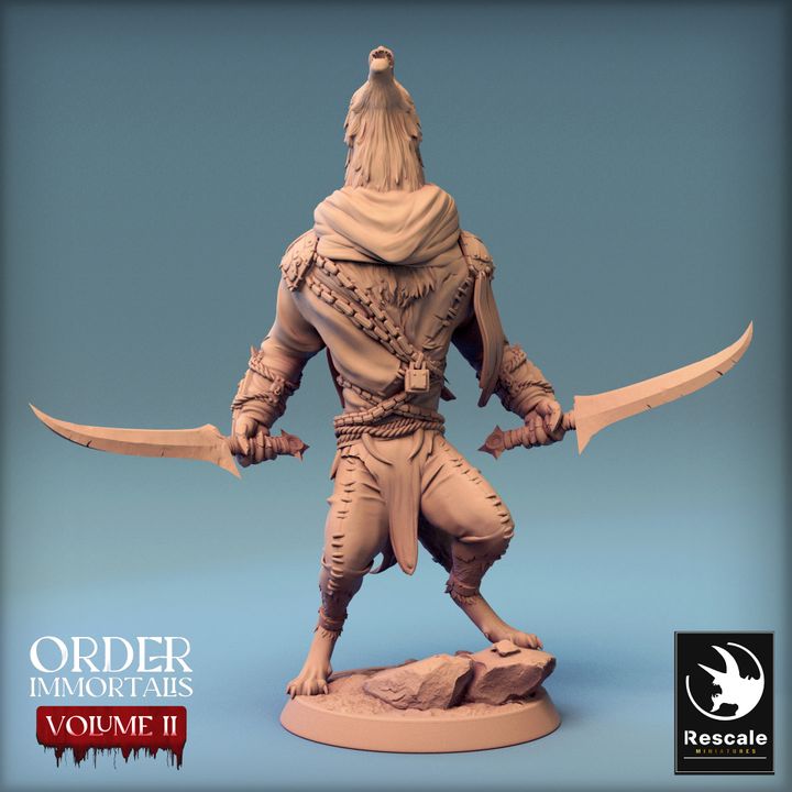 Werewolf miniature with head tilted up, mouth open in a scream, wearing a tattered hood and wielding two curved blades.