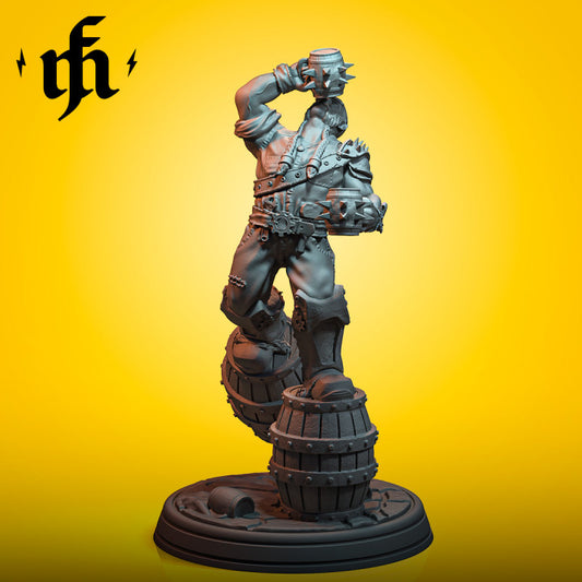 Ironmug miniature standing on barrels, drinking from a large mug, with detailed armor and a carefree, boisterous pose.