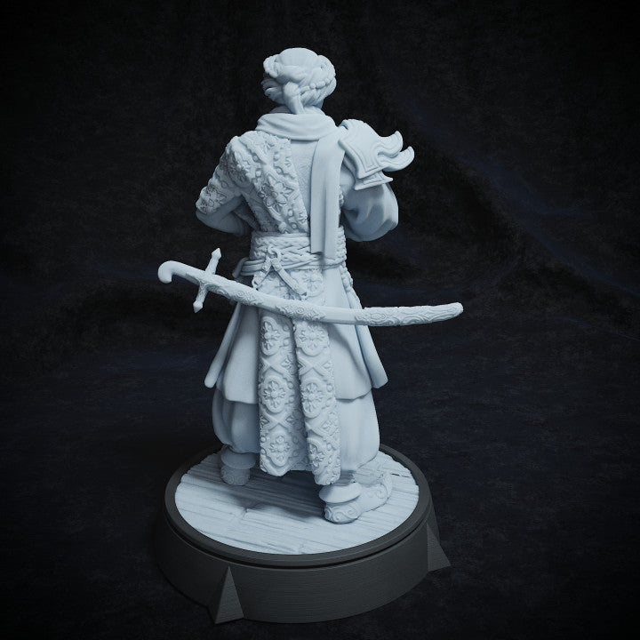 Back view of Jordan Jonrar, showcasing the intricate designs on his robes and his curved sword.