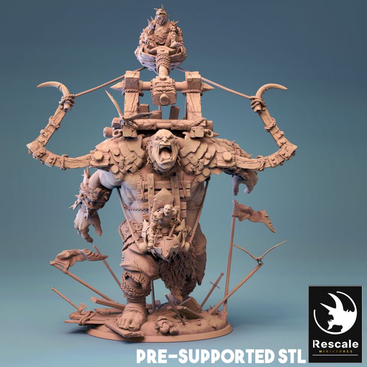 Ogre Siege miniature showcasing a massive, armored ogre carrying a war platform on its back, with a menacing commander seated above. The ogre roars in fury, surrounded by tattered flags and debris, ready to crush all in its path.