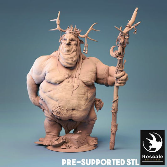 Discover the Gobelin King miniature, a hefty figure with a crown of branches and antlers, holding a staff with intricate decorations. Perfect for your fantasy tabletop RPGs like Dungeons and Dragons, Pathfinder, and other role-playing games.