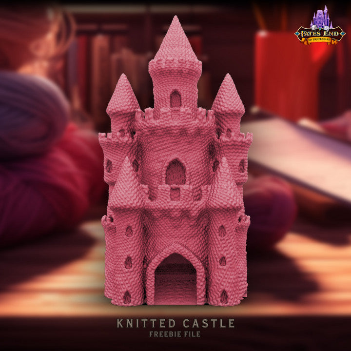 Knitted Castle Dice Tower featuring a castle design with a knitted texture, complete with turrets and a central tower, offering a whimsical and cozy addition to tabletop RPG games.