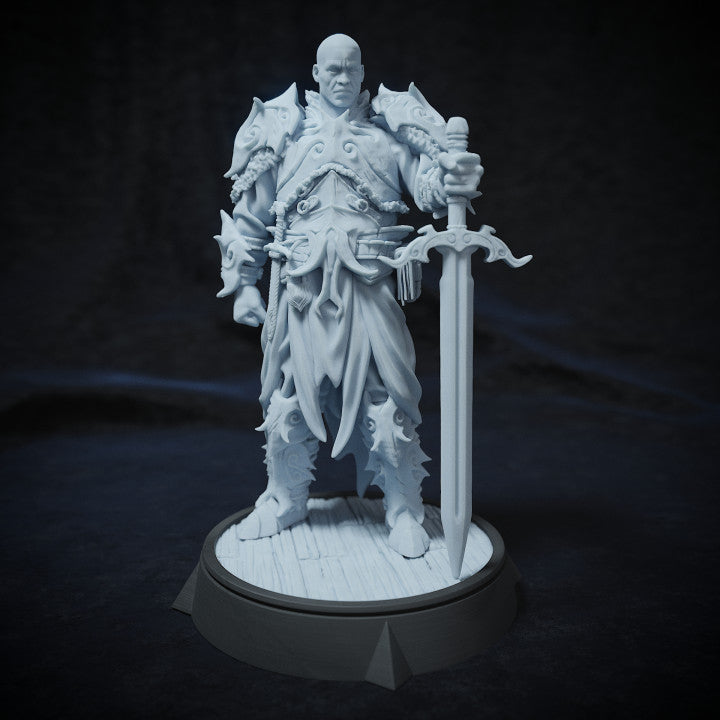 Kolen Lightbringer, a human paladin standing in full ornate armor, holding a large sword vertically, stern expression, front view.