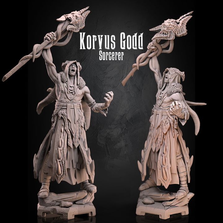 A dynamic and powerful figure of Korvus Godd, a mystic character holding a serpent-entwined staff aloft. The character wears flowing robes adorned with feathers and fur, expressing a sense of commanding authority and ritualistic power, with an intense expression and outstretched hand.