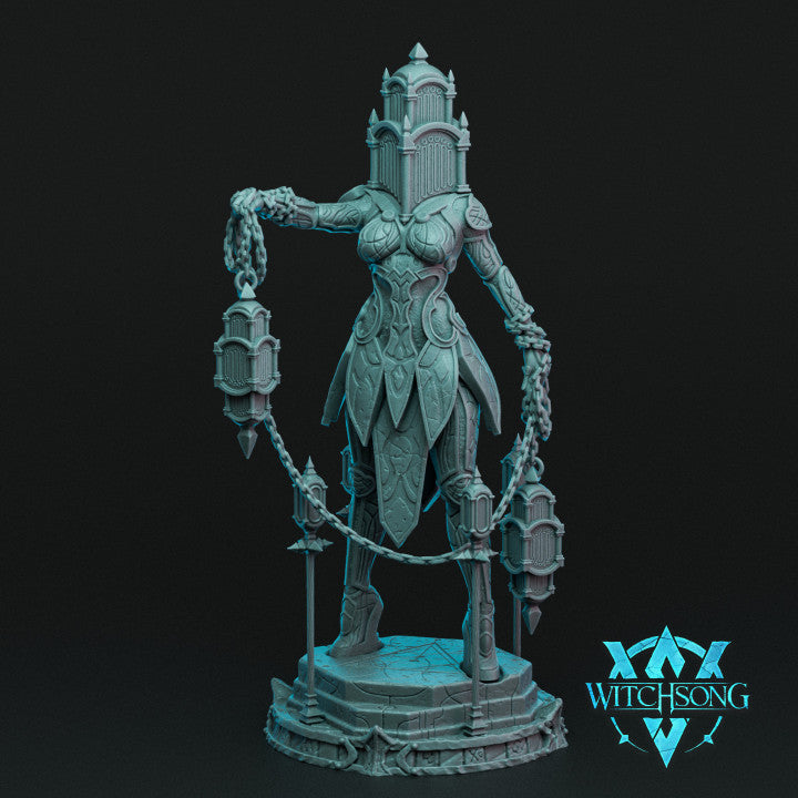 A dark fantasy miniature of Lady of the Depths, clad in intricate armor with a unique helmet, holding chains adorned with lanterns, standing on a stone platform.