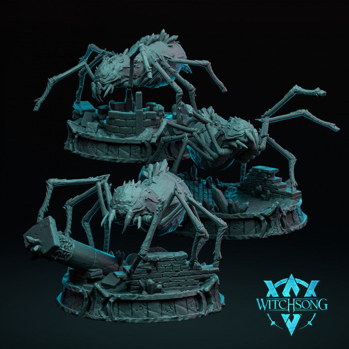 Lesser Crystalheart Spiders miniatures featuring three crystal-covered spiders crawling over detailed ruined stone bases