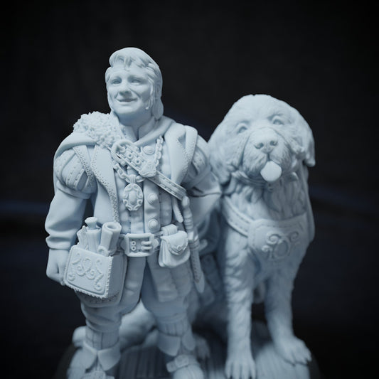 Longo Proudrock, the jovial halfling adventurer, standing with Moga, dog companion, ready for adventure.