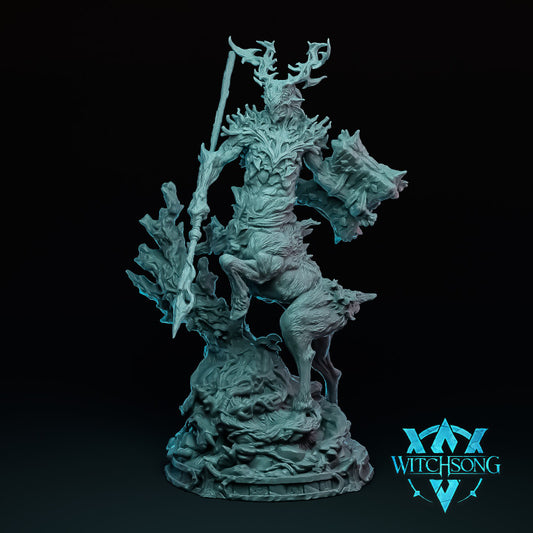 Miniature of Lord of the Grove, a deer-like humanoid with antlers and armor resembling tree bark, holding a spear and standing atop a base of twisted roots and leaves.