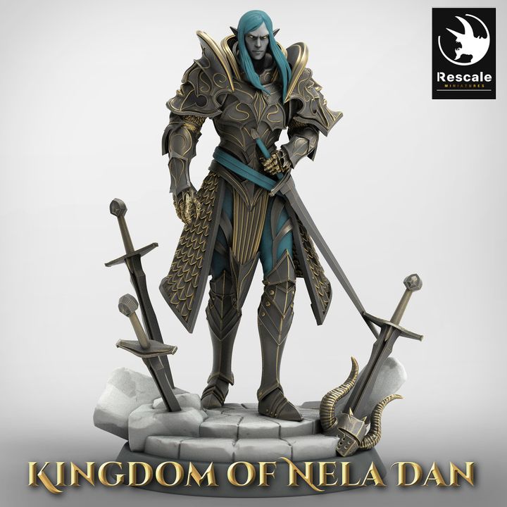 Full-figure of Lord Velir in armor, holding a sword with crossed swords at his feet, standing on a rocky base.