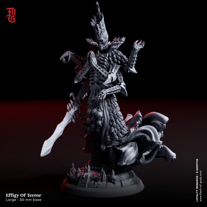 Effigy of Terror, a large 50mm base miniature featuring a dark armored figure with a crown, skeletal details, and a massive sword, perfect for dark fantasy RPG settings.