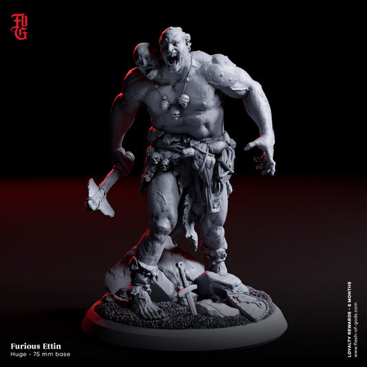 Furious Ettin, a huge 75mm base miniature featuring a two-headed giant wielding weapons, ideal for fantasy RPG settings like Dungeons & Dragons and Warhammer.