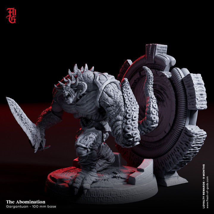 A terrifying demon miniature with thick, ridged skin, holding a large blade in one hand and emerging from a portal-like structure on a stone base.