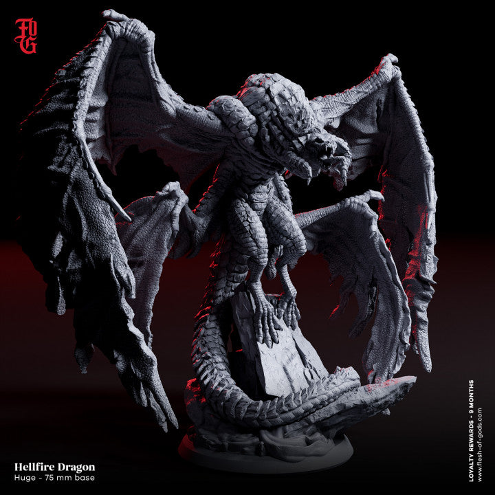 Hellfire Dragon, 75mm base miniature, with large wings and rugged scales, posed menacingly on a rocky base, perfect for fantasy tabletop RPGs and epic battle scenes.