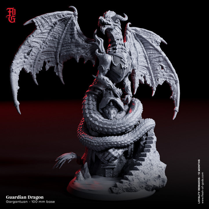 Guardian Dragon coiled around a rocky perch, showcasing its menacing wingspan and detailed armor, ready to defend its domain.