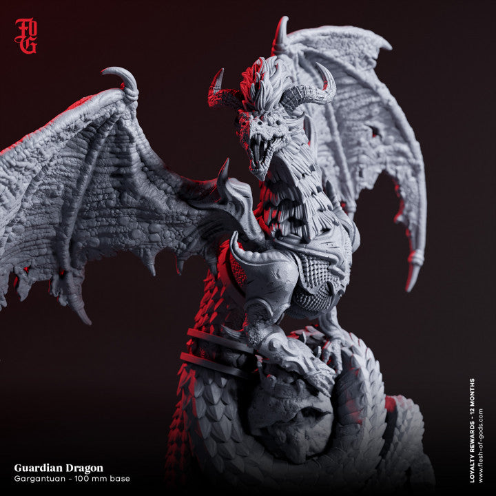 Guardian Dragon miniature, posed with wings outstretched and an armored chest, snarling as it coils protectively around a rocky perch.