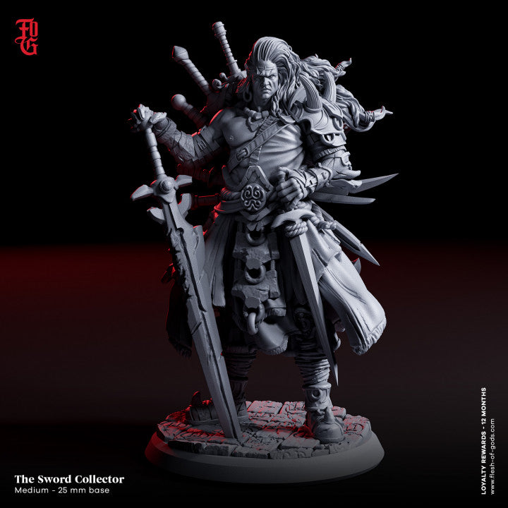 The Sword Collector figurine depicted standing boldly, holding multiple swords, wearing heavy armor with intricate detailing. Suitable for TTRPG settings such as Dungeons & Dragons or Pathfinder.