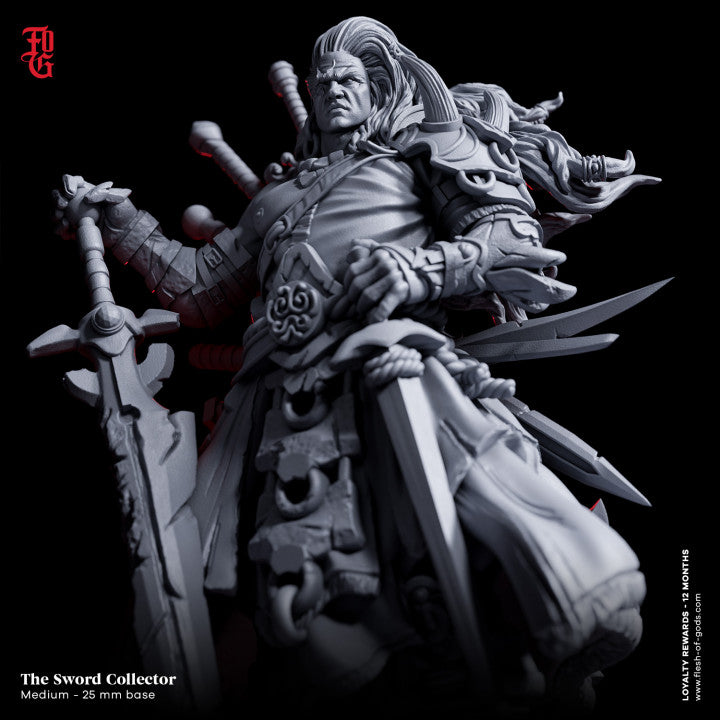 Close-up of The Sword Collector’s intense expression and detailed armor, showcasing the elaborate collection of swords. Great for Dungeons & Dragons campaigns or similar tabletop games.