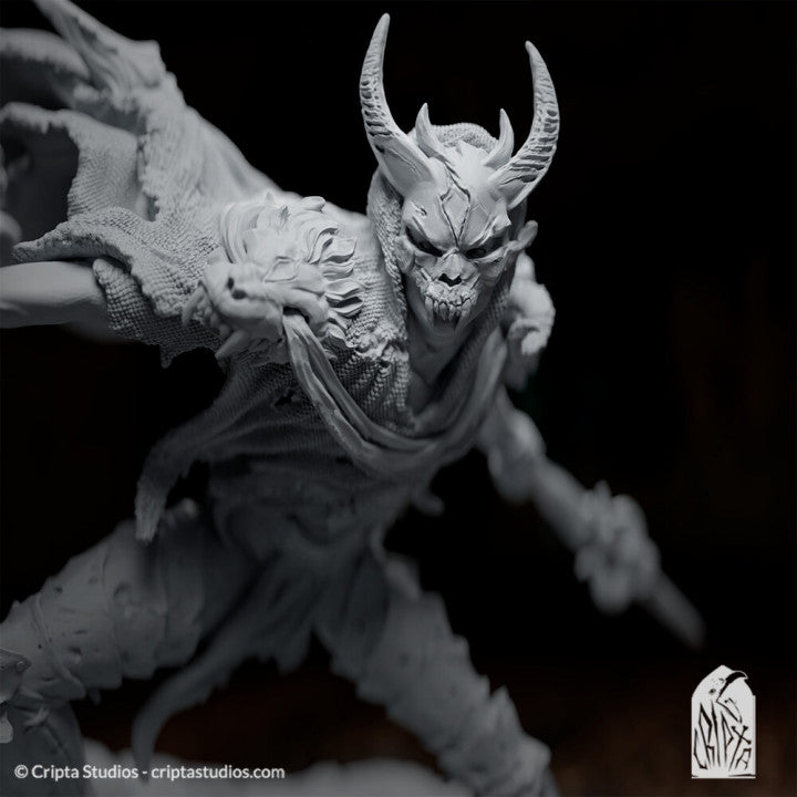 Close-up of Lohkbach, hexblade warlock, highlighting the eerie details of the devil skull helmet and his intense expression.