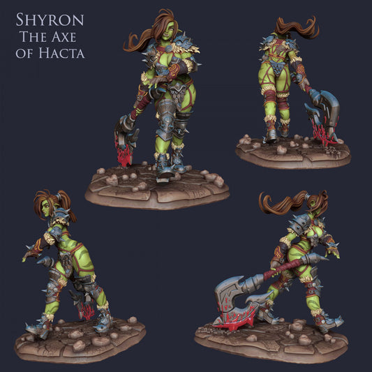 This miniature showcases Shyron, wielding a large bloodstained axe and adorned with detailed spiked armor. Her powerful stance and dynamic pose depict her as a fierce warrior. Suitable for fantasy TTRPGs like Dungeons & Dragons or Pathfinder.