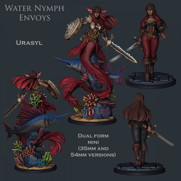 Full set view of Urasyl the dual-form Water Nymph, featuring her mermaid and swordswoman forms.