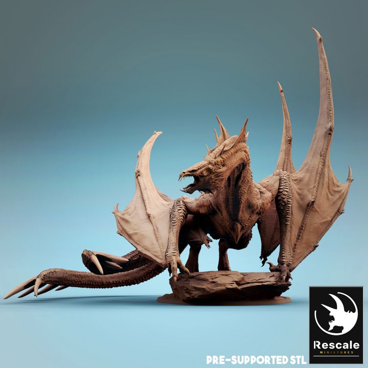 A powerful dragon-like creature crouching with massive wings spread, showcasing intricate scale detail and menacing claws.