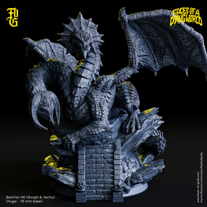 Two-headed dragon miniature perched atop crumbled ruins, great for use in fantasy RPGs like Dungeons & Dragons or Pathfinder.