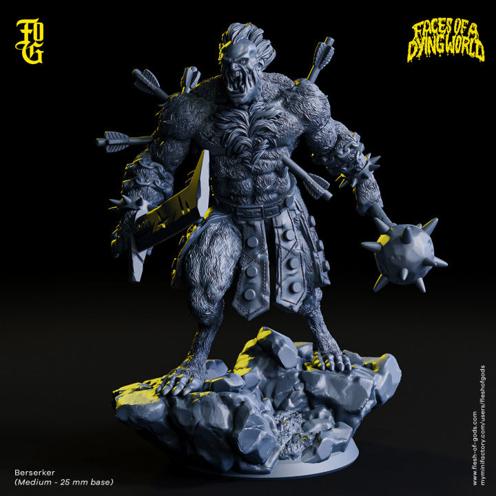 Berserker figure with a sword and spiked mace, posed on a rocky base with arrows in his back.