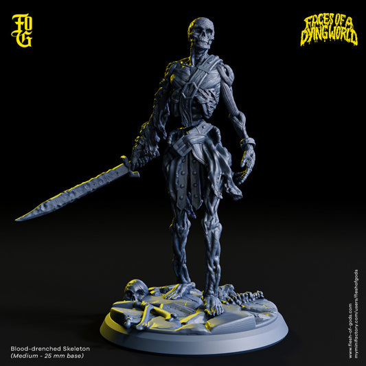 Blood-drenched Skeleton with a rusted sword standing on a bone-strewn base.