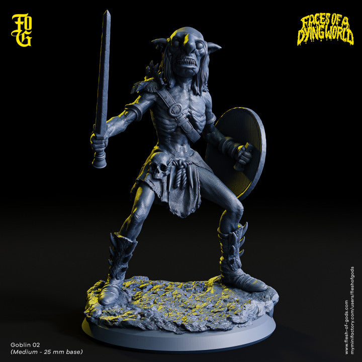 Goblin 02 holding a sword and shield in a threatening stance, dressed in tattered clothing on a 25mm base.