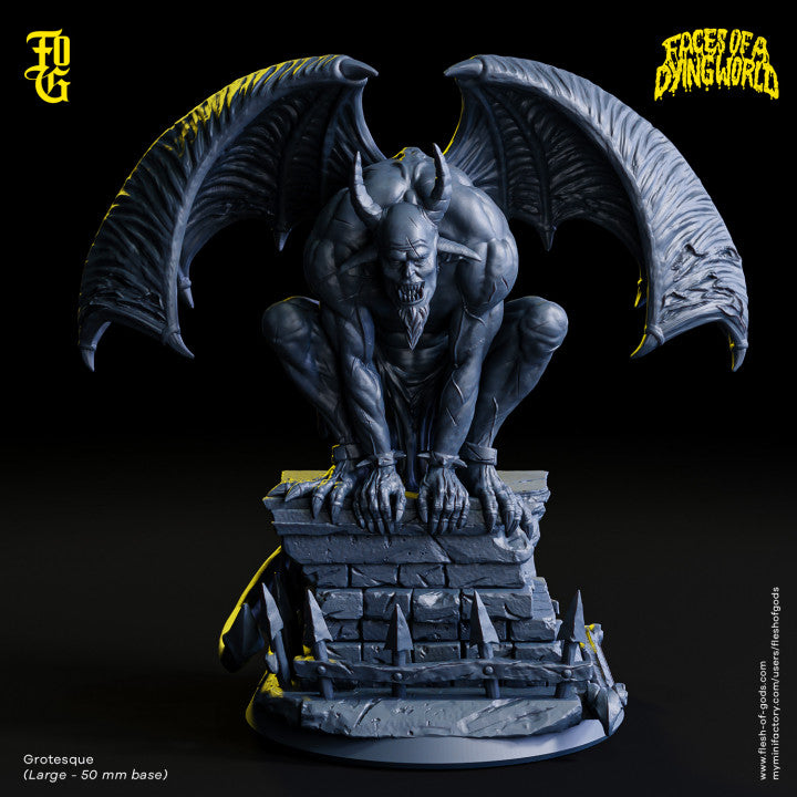 Grotesque demon miniature crouching on a spiked stone perch, with large wings and sharp claws, posed for battle on a 50mm base.