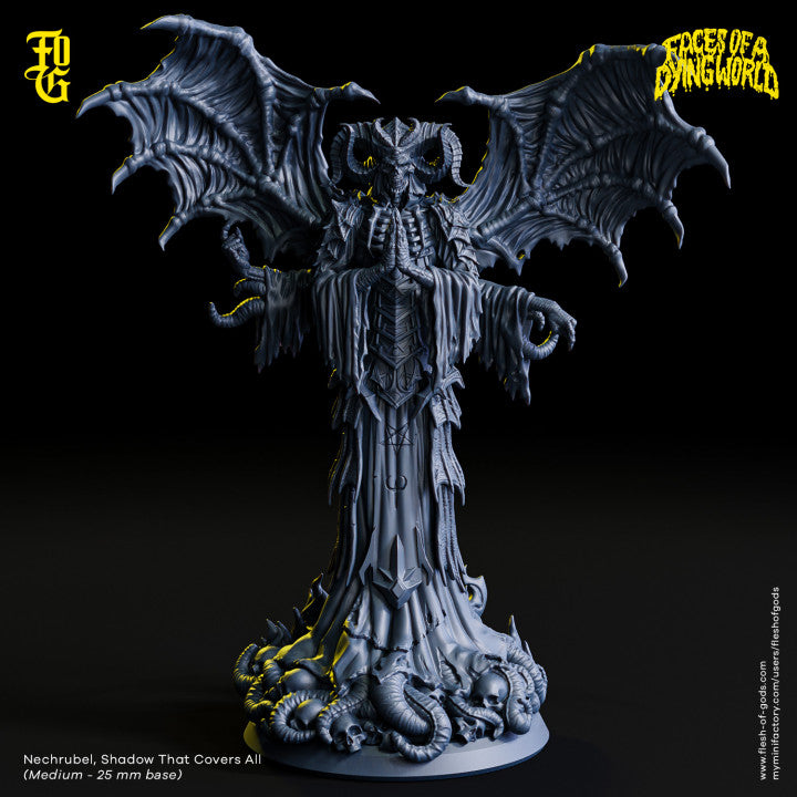 A demonic figure with large skeletal wings standing over a base of skulls and tentacles, perfect for adding dark and powerful foes to Dungeons & Dragons or Pathfinder adventures.